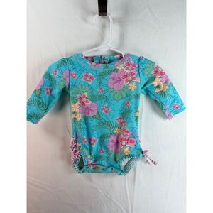 RuffleButts Baby Girls Tropical Floral Long Sleeve Rash Guard Swimsuit 3-6M